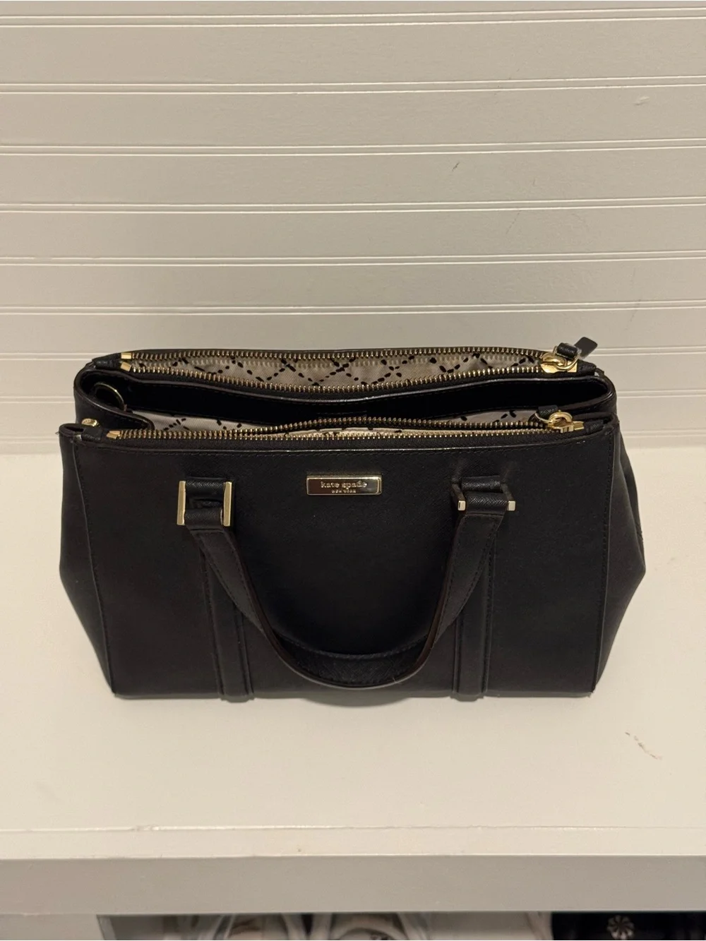 Kate Spade Black Leather Structured Satchel with Gold Hardware